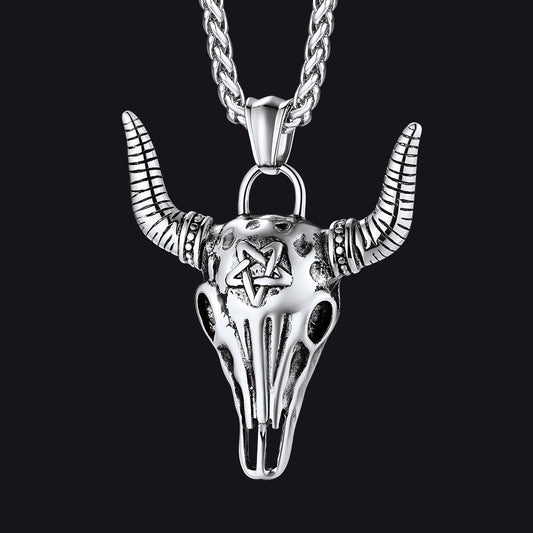 FaithHeart Satanic Bull Skull Necklace with Invert Pentagram for Men FaithHeart