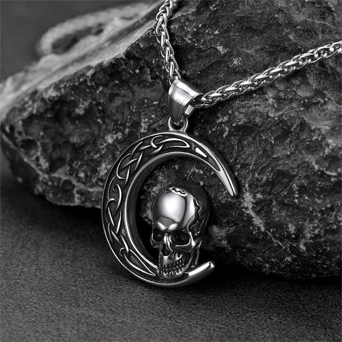 FaithHeart Celtic Crescent Moon Skull Necklace For Men FaithHeart