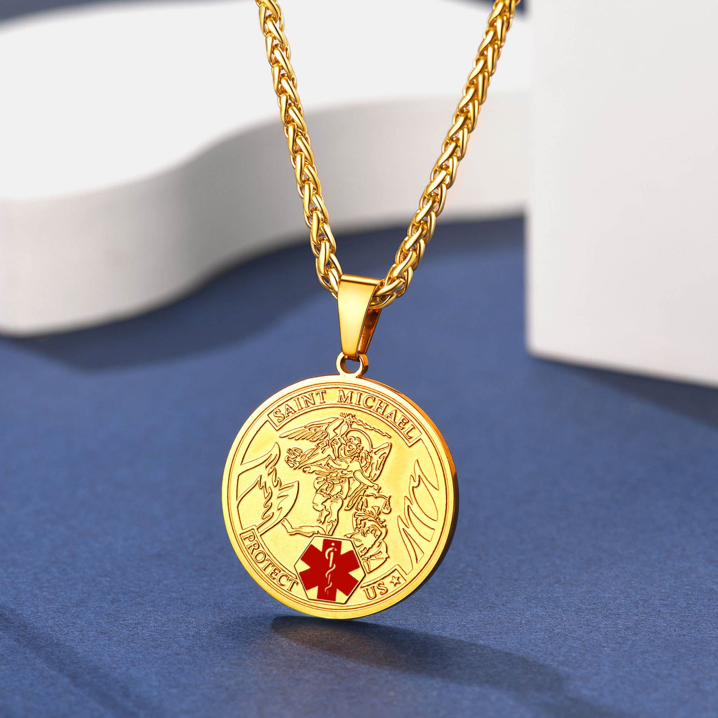 FaithHeart Custom Saint Michael Medical Alert ID Pendant Necklace Military FaithHeart