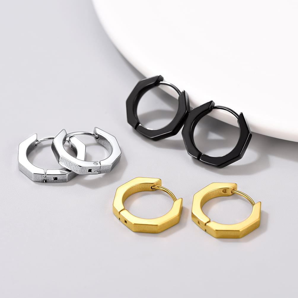FaithHeart Punk Octagon Huggie Hoop Earrings Set For Men FaithHeart