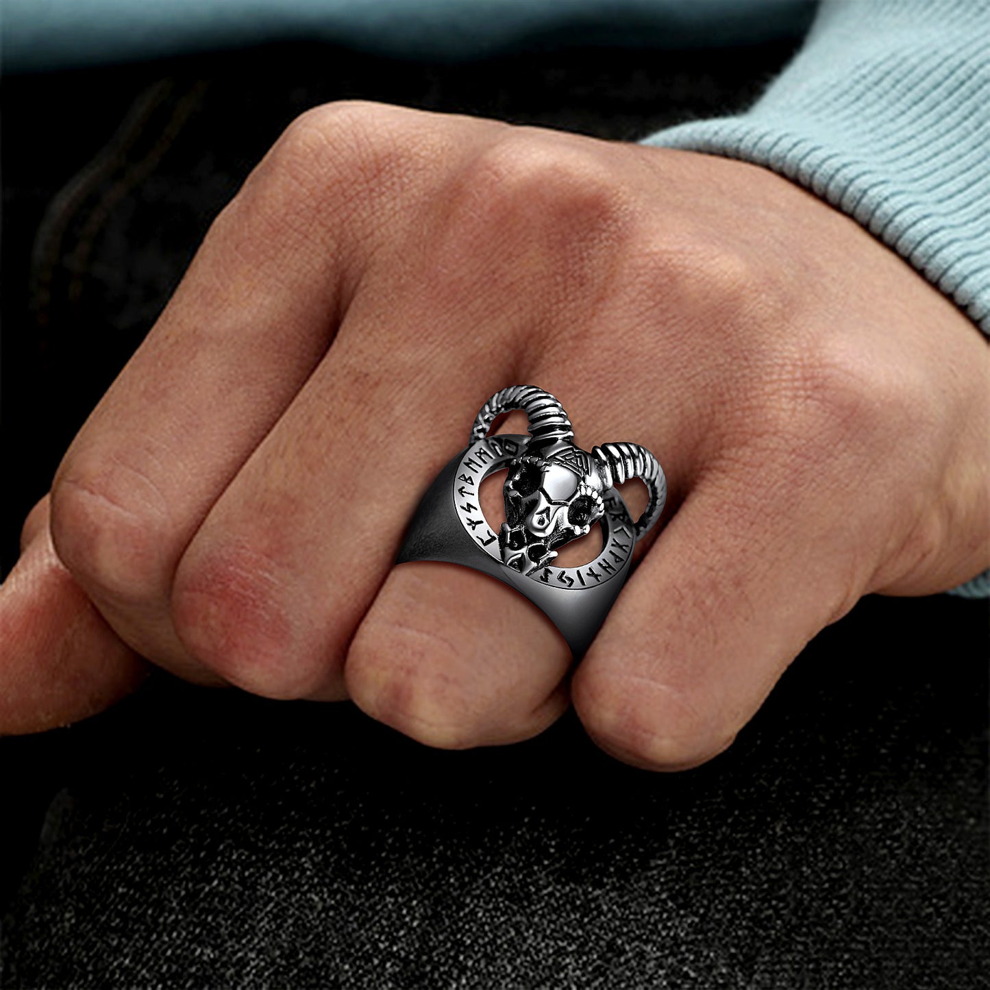 FaithHeart Satanic Goat Skull Ring With Viking Runes For Men FaithHeart