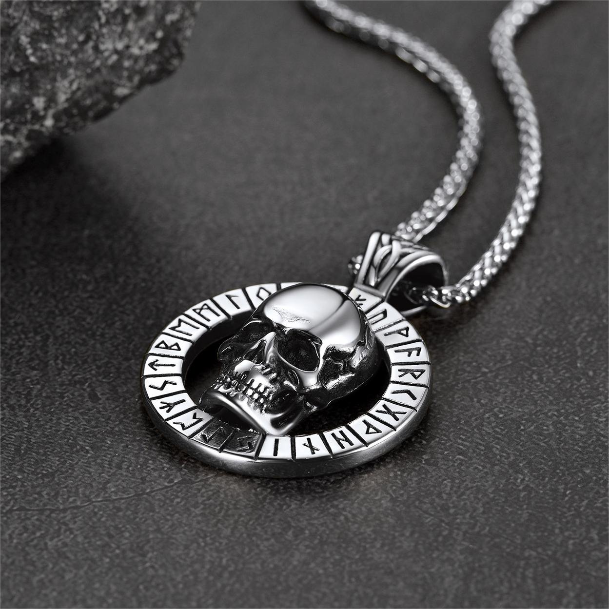 FaithHeart Gothic Skull Necklace For Men With Viking Runes FaithHeart