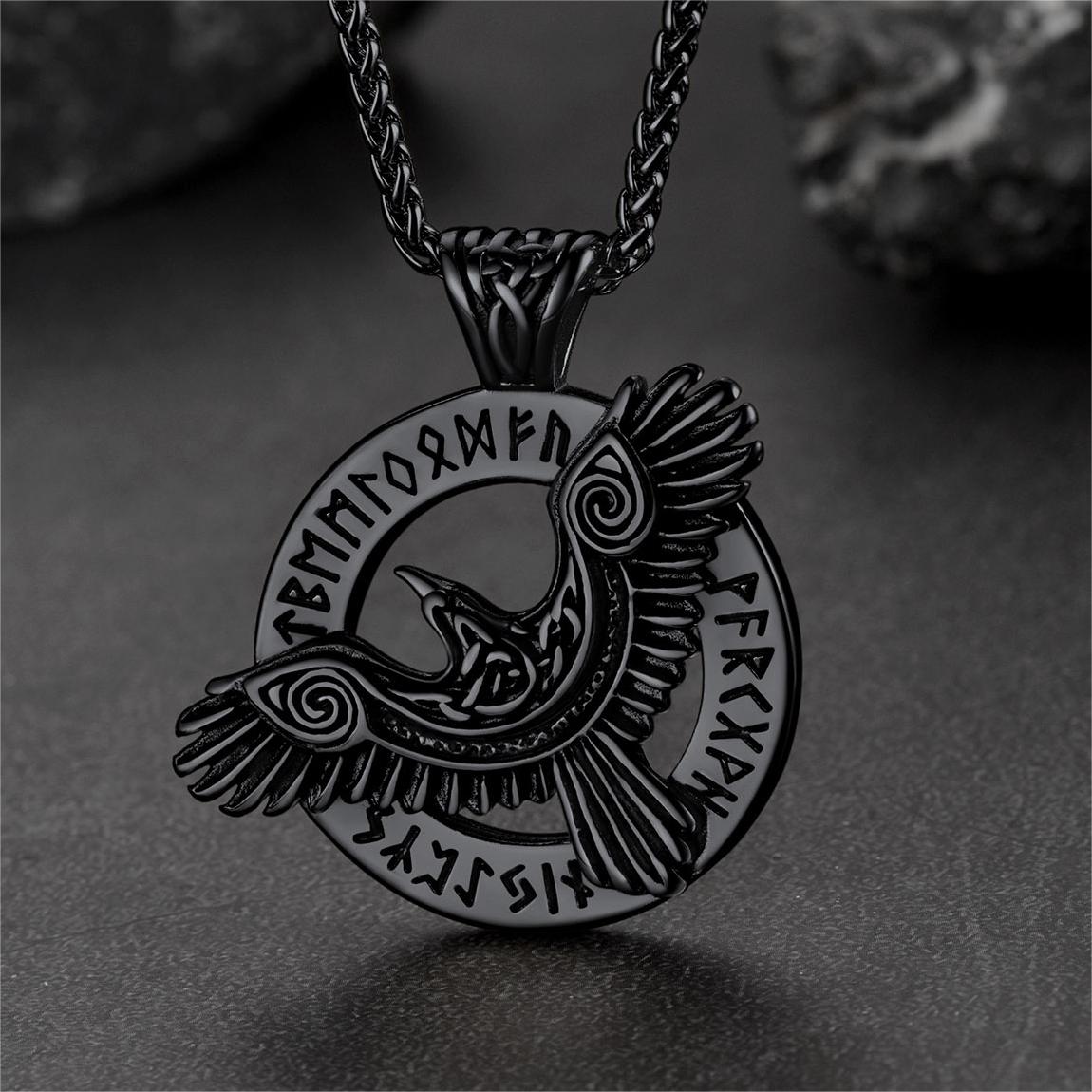 FaithHeart Viking Odin's Raven Necklace For Men With Runes FaithHeart