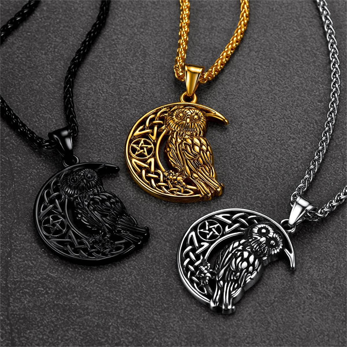 FaithHeart Viking Celtic Crescent Moon Owl Necklace for Men FaithHeart