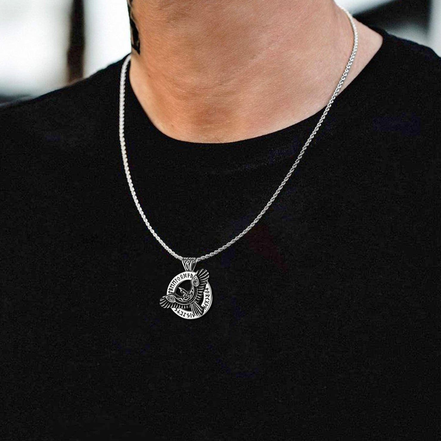 FaithHeart Viking Odin's Raven Necklace For Men With Runes FaithHeart
