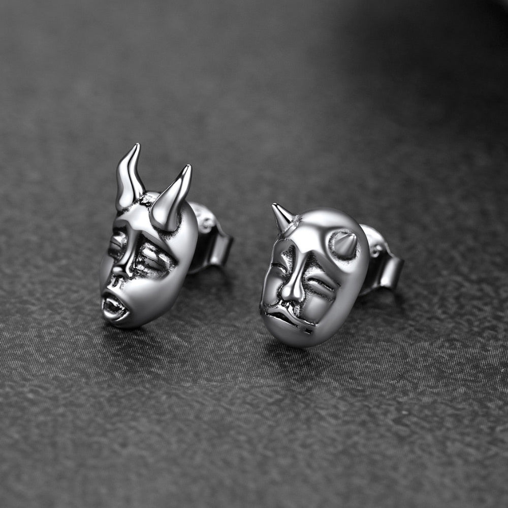 FaithHeart Sterling Silver Hannya Mask Stud Earrings For Men FaithHeart