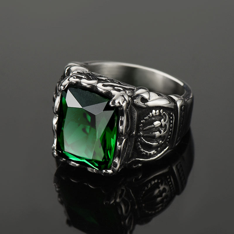 FaithHeart Vintage Crystal Crown Green Emerald Ring For Men FaithHeart