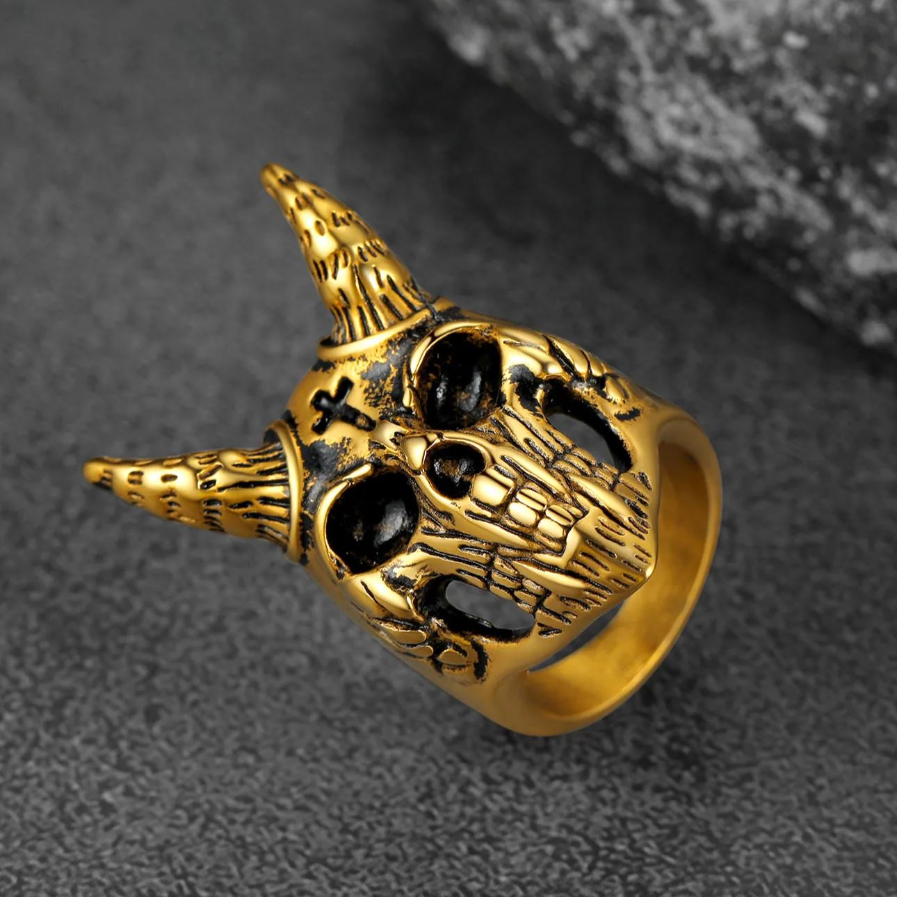 FaithHeart Satanic Baphomet Goat Skull Head Ring for Men FaithHeart