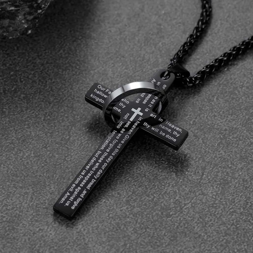 FaithHeart Lord's Prayer Cross Necklace For Men With Halo Ring FaithHeart