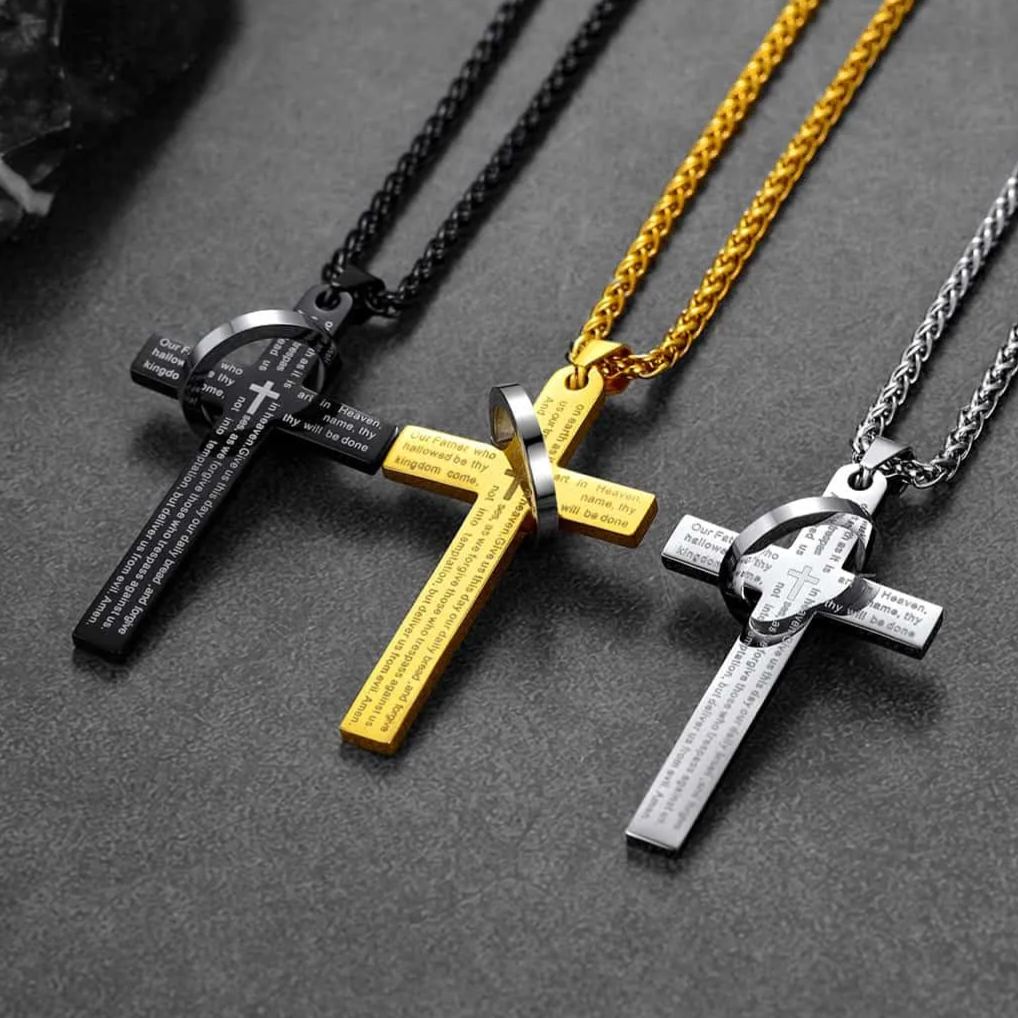 FaithHeart Lord's Prayer Cross Necklace For Men With Halo Ring FaithHeart