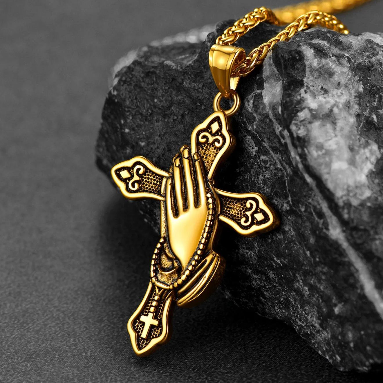 FaithHeart Praying Hands Cross Necklace For Men FaithHeart