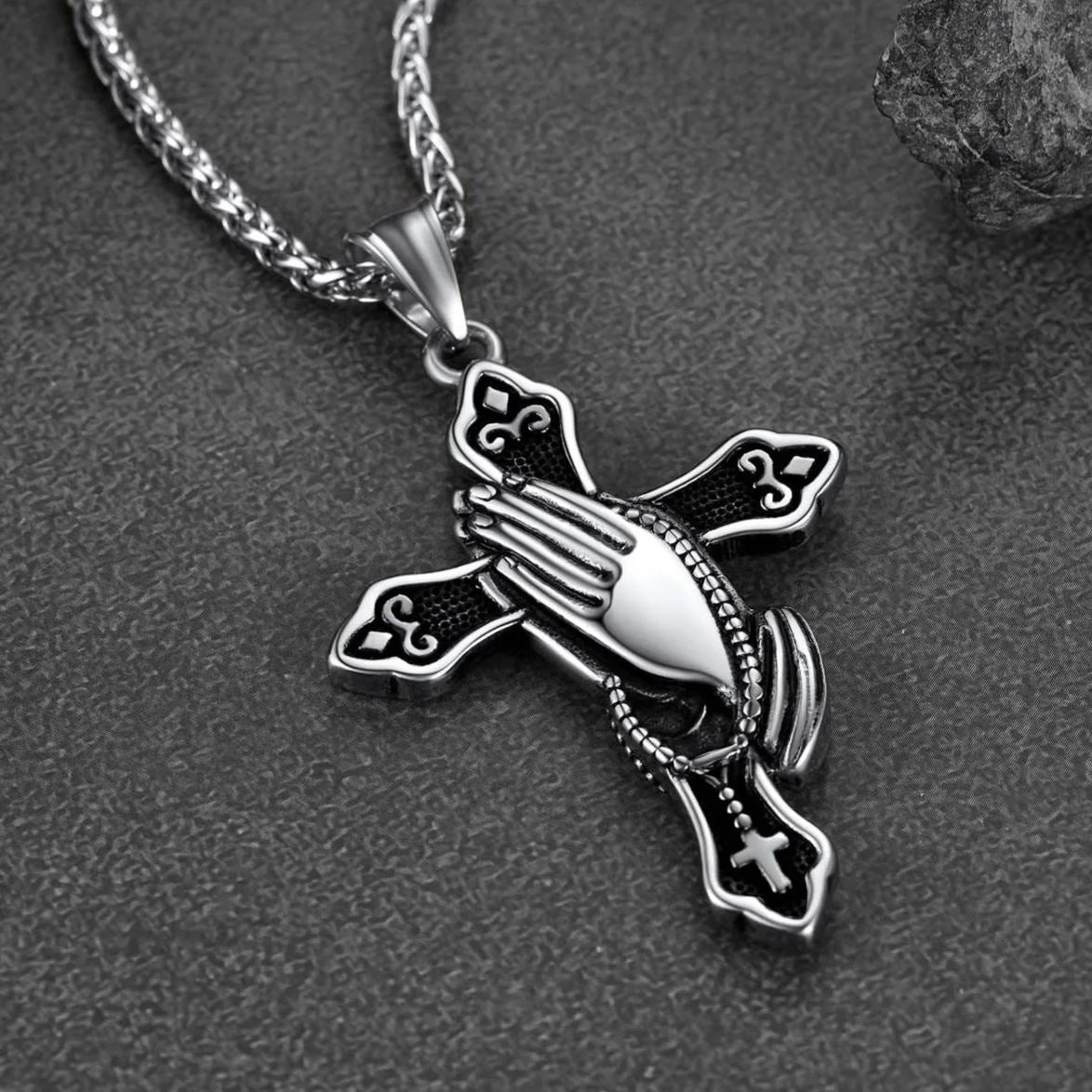 FaithHeart Praying Hands Cross Necklace For Men FaithHeart