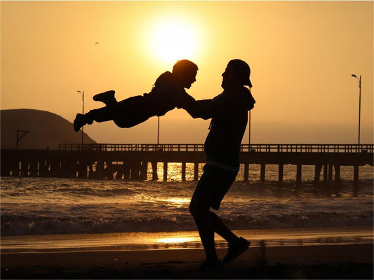 A silhouette of a father lifting a child in the air on a beach at sunset