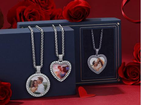 This image shows three heart-shaped pendant necklaces with couple photos inside, displayed in elegant gift boxes with red roses and decorations, perfect for Valentine's or anniversary gifts.