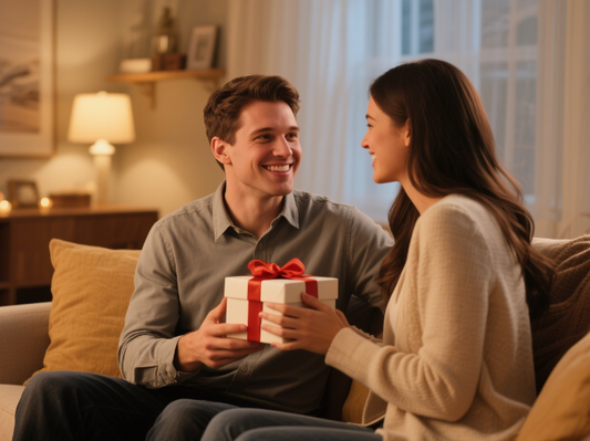 Young couple sharing a moment on a couch as the man presents a white gift box with red ribbon to the woman, both smiling in a cozy, warmly lit living room.
