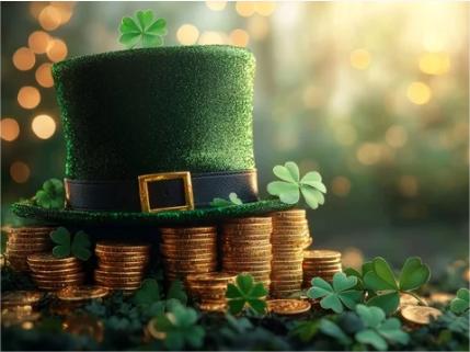 A sparkly green leprechaun hat on a pile of gold coins, with shamrocks scattered around on a magical, light-filled background