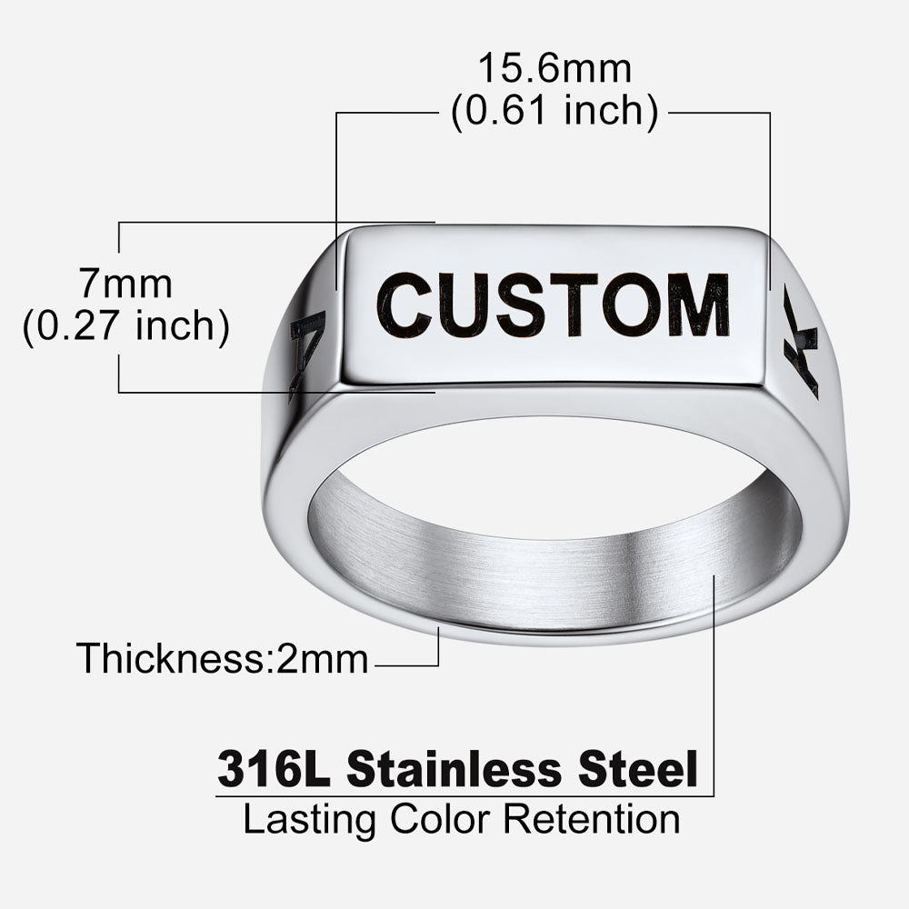 Silver ring with 'CUSTOM' engraving and measurement details on a white background