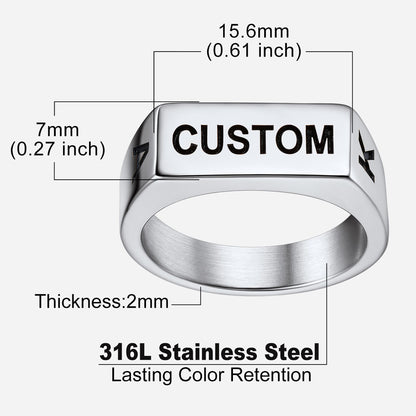 Silver ring with 'CUSTOM' engraving and measurement details on a white background