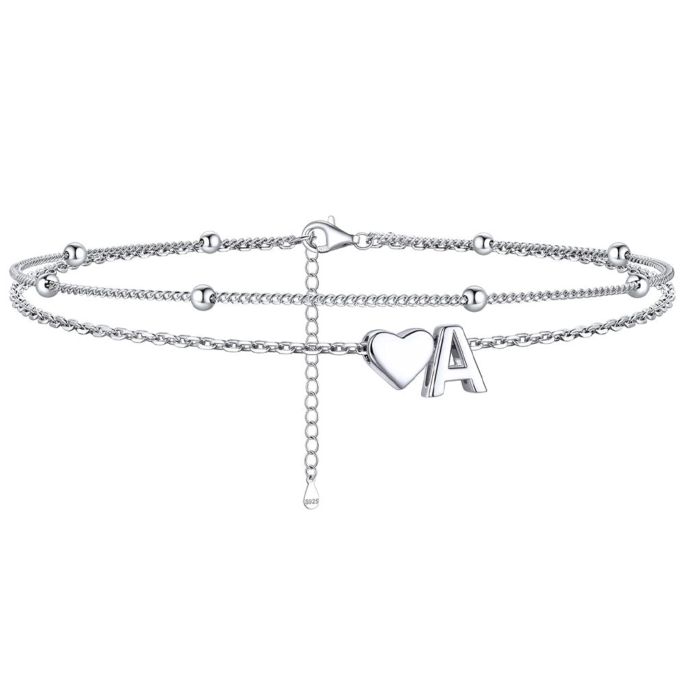  A / Silver Sterling Silver Initial Heart Layered Anklet for Women