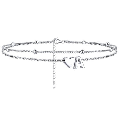  A / Silver Sterling Silver Initial Heart Layered Anklet for Women