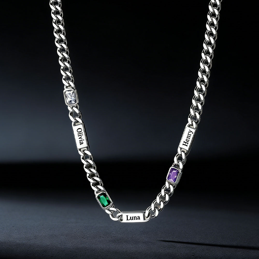  5mm Engraved Name Cuban Chain Necklace with Rectangle Birthstone