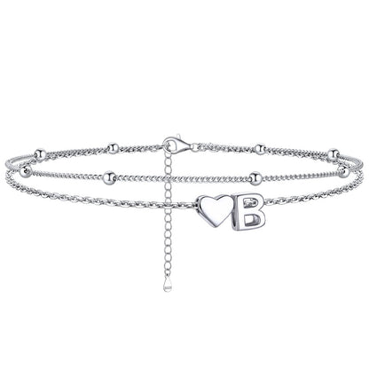 B / Silver Sterling Silver Initial Heart Layered Anklet for Women