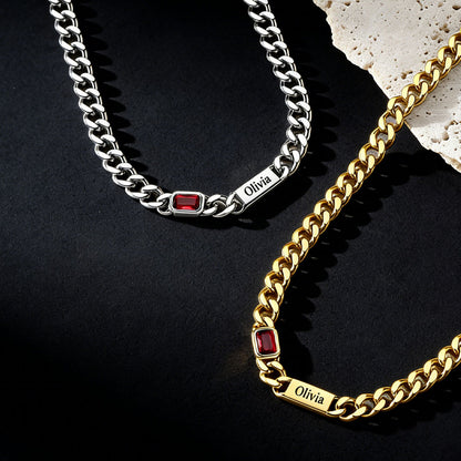  5mm Engraved Name Cuban Chain Necklace with Rectangle Birthstone
