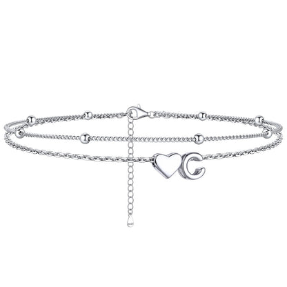  C / Silver Sterling Silver Initial Heart Layered Anklet for Women