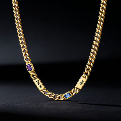  5mm Engraved Name Cuban Chain Necklace with Rectangle Birthstone