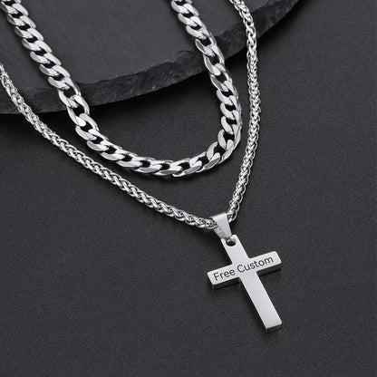 Gift for Men Cuban Chain & Cross Pendant Layered Necklace Set Birthday Gift
