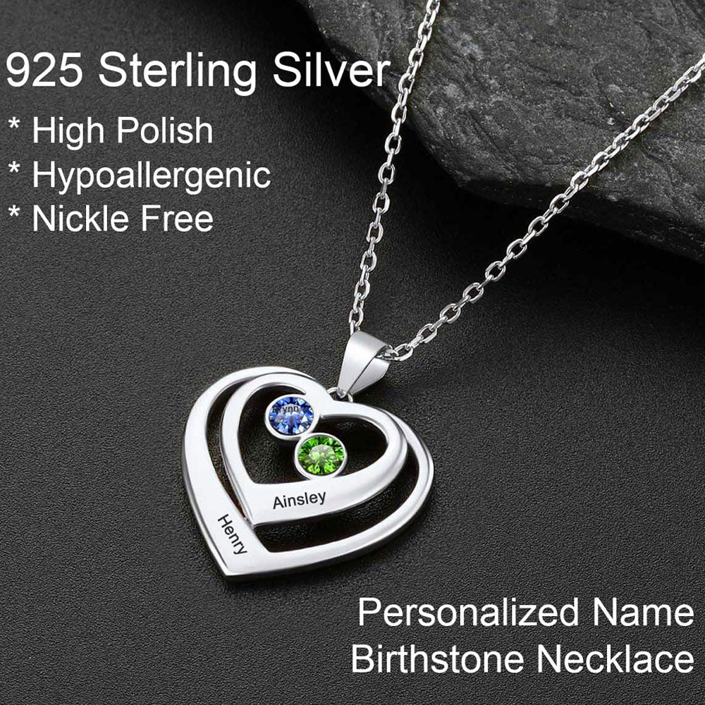 Silver heart-shaped necklace with birthstones
