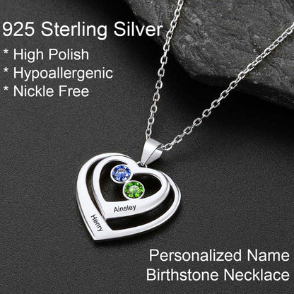 Silver heart-shaped necklace with birthstones