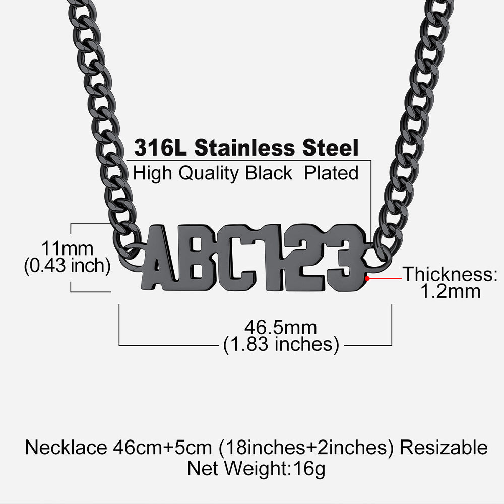 Black stainless steel necklace with 'ABC123' pendant and measurement details on a white background