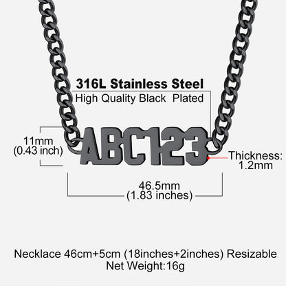 Black stainless steel necklace with 'ABC123' pendant and measurement details on a white background