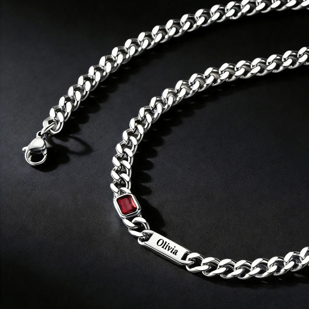  5mm Engraved Name Cuban Chain Necklace with Rectangle Birthstone