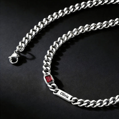  5mm Engraved Name Cuban Chain Necklace with Rectangle Birthstone
