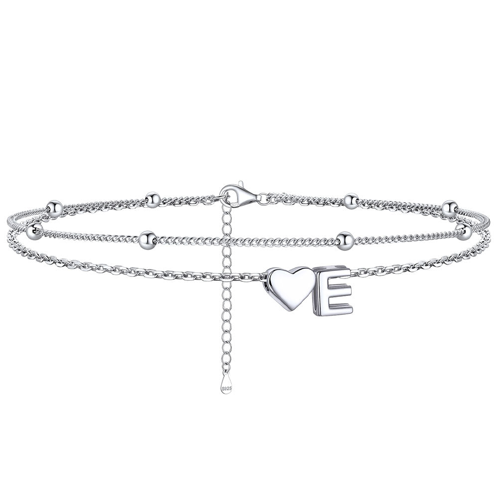  E / Silver Sterling Silver Initial Heart Layered Anklet for Women