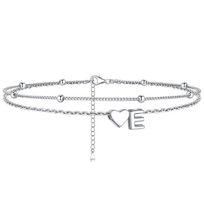  E / Silver Sterling Silver Initial Heart Layered Anklet for Women