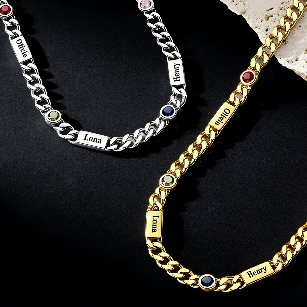  5mm Custom Name Cuban Chain Necklace with Birthstone