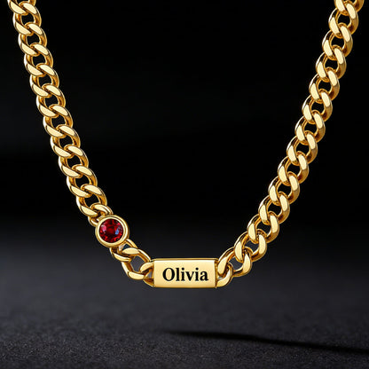  5mm Custom Name Cuban Chain Necklace with Birthstone