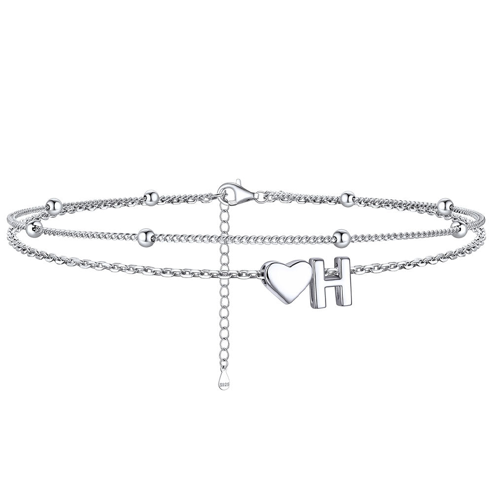  H / Silver Sterling Silver Initial Heart Layered Anklet for Women