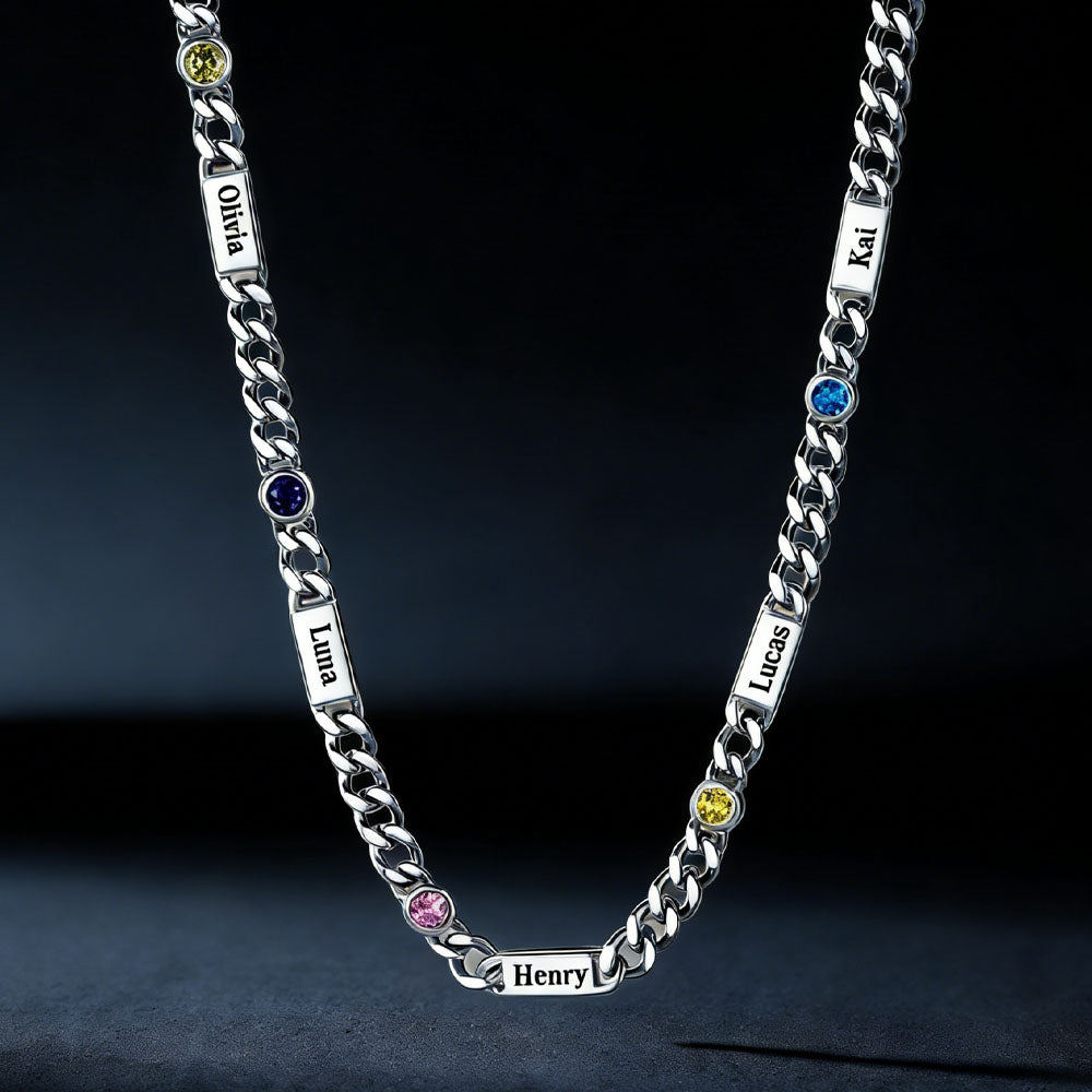  5mm Custom Name Cuban Chain Necklace with Birthstone