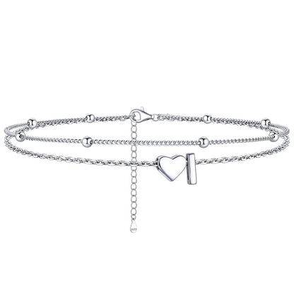  I / Silver Sterling Silver Initial Heart Layered Anklet for Women