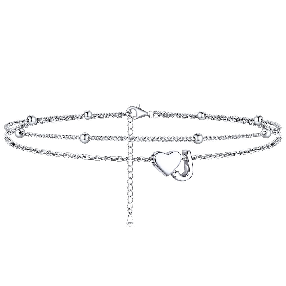  J / Silver Sterling Silver Initial Heart Layered Anklet for Women