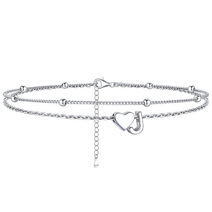  J / Silver Sterling Silver Initial Heart Layered Anklet for Women