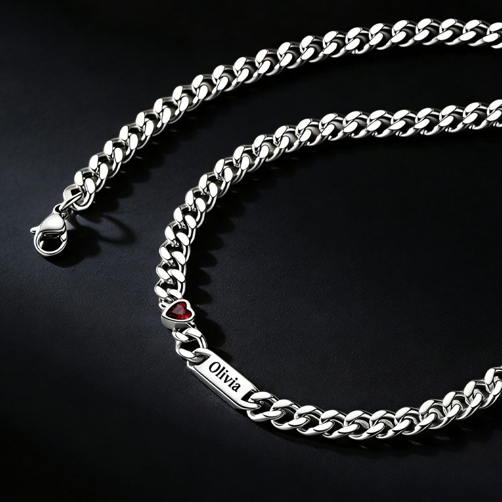  5MM Width Name Heart-shaped Birthstone Cuban Chain Necklace
