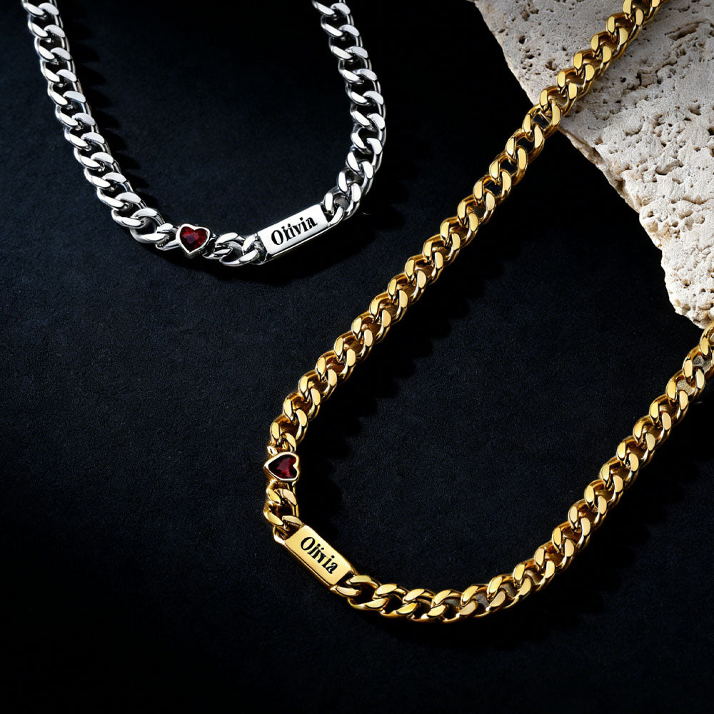  5MM Width Name Heart-shaped Birthstone Cuban Chain Necklace