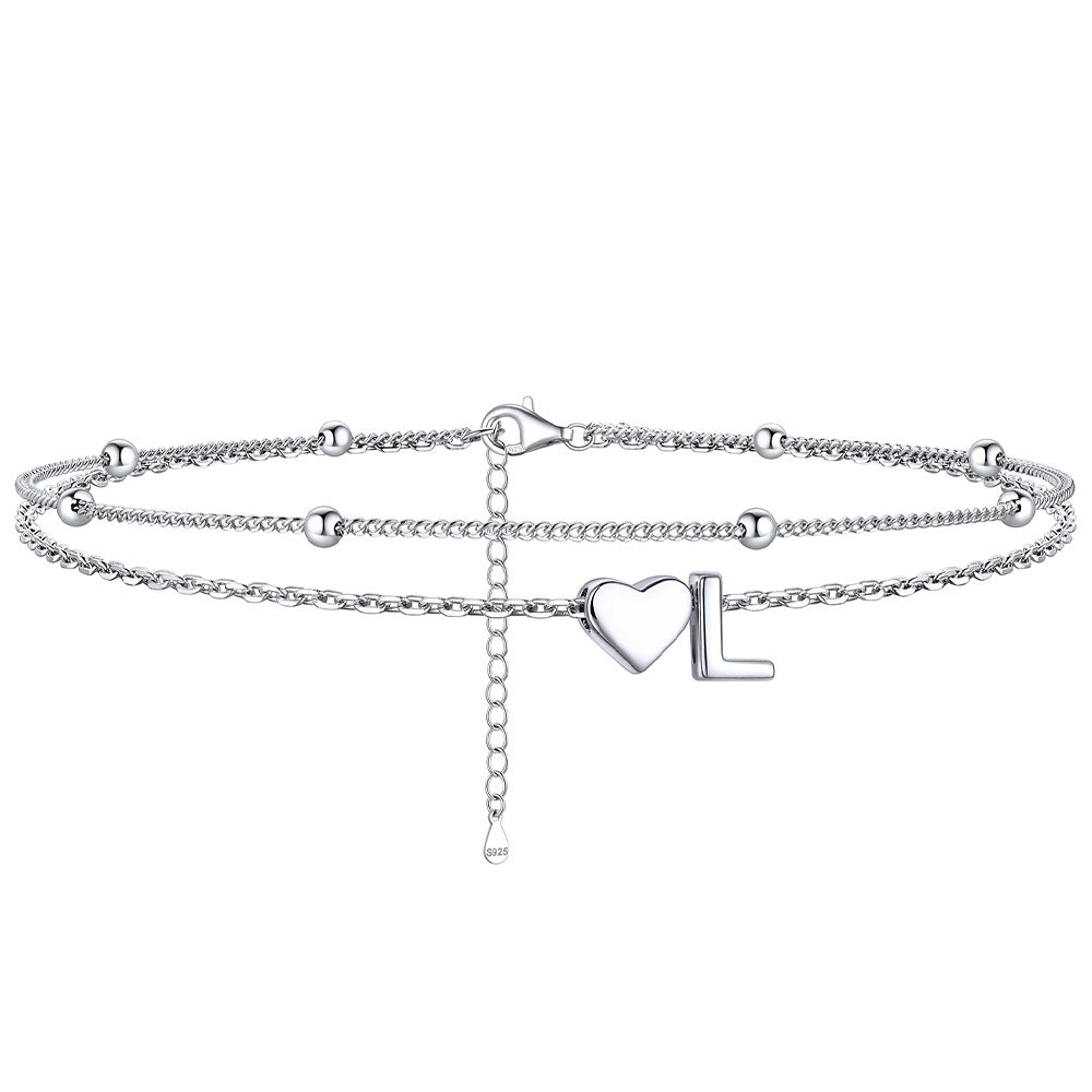  L / Silver Sterling Silver Initial Heart Layered Anklet for Women