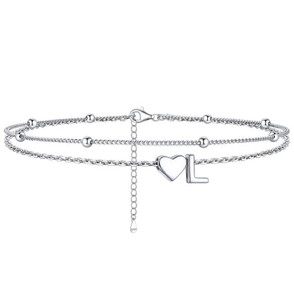  L / Silver Sterling Silver Initial Heart Layered Anklet for Women