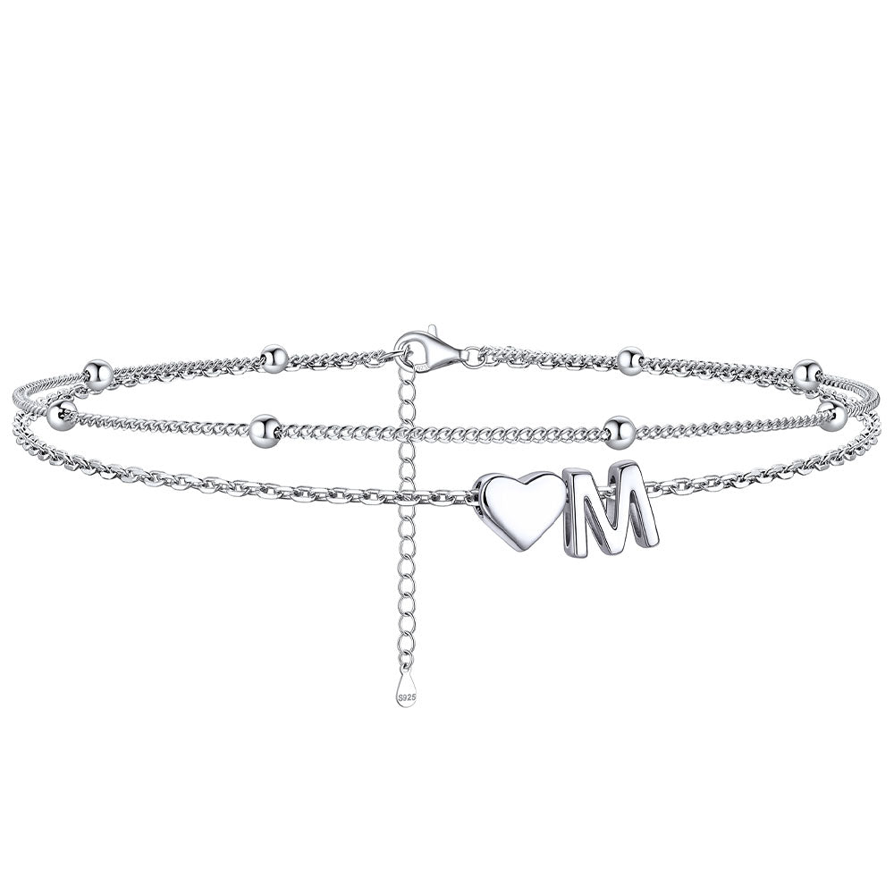  M / Silver Sterling Silver Initial Heart Layered Anklet for Women